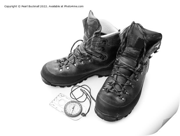 Hiking Boots and Compass Black and White Print by Pearl Bucknall