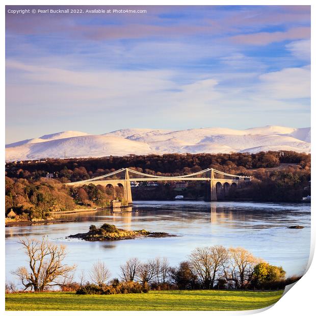 Menai Bridge in Winter Anglesey Coast Wales Print by Pearl Bucknall
