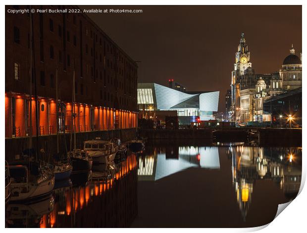 Night Reflections in Albert Dock Liverpool  Print by Pearl Bucknall