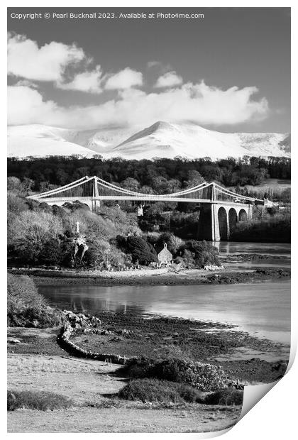 Menai Suspension Bridge Anglesey Coast Mono Print by Pearl Bucknall