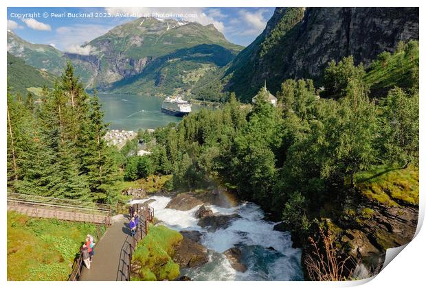 Geiranger Fjord and Waterfall Norway Print by Pearl Bucknall