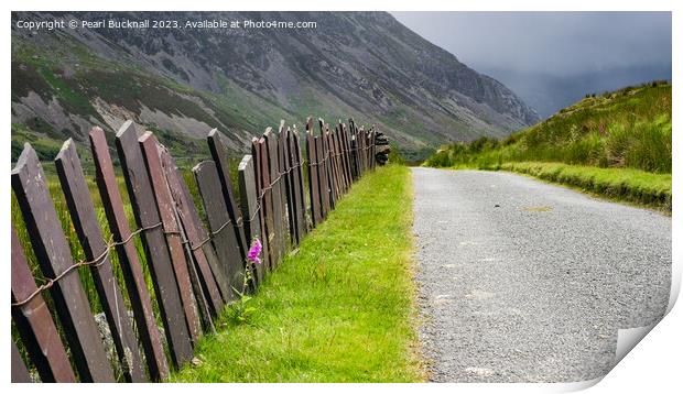 Fence Leading up the Valley in Snowdonia pano Print by Pearl Bucknall