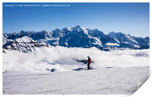 Skiing French Alps below Mont Blanc France Print by Pearl Bucknall