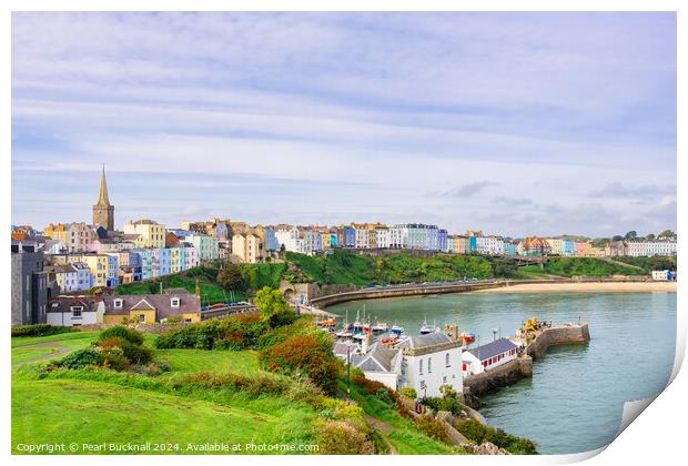 Colourful Tenby from Castle Hill Pembrokeshire Print by Pearl Bucknall