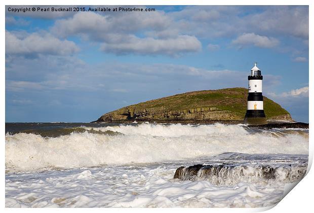 Penmon Lighthouse in Rough Seas off Anglesey Print by Pearl Bucknall