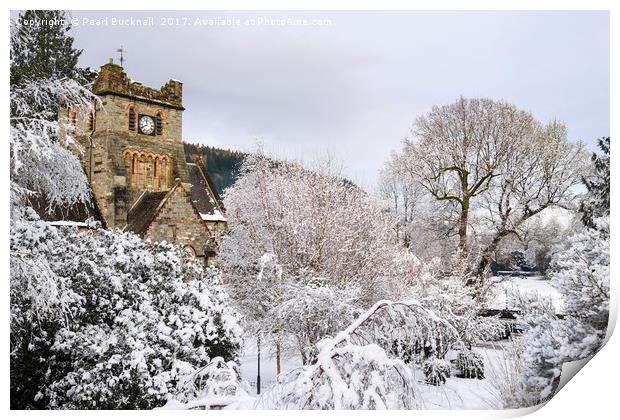 Church in Winter Snow Scene in Betws-y-Coed Print by Pearl Bucknall
