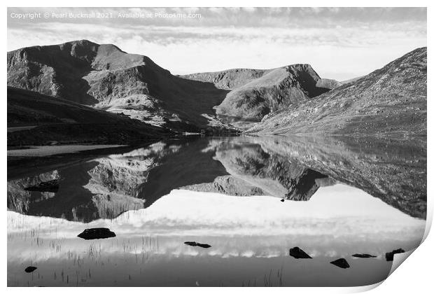 Monochrome Llyn Ogwen Mountain Reflections Wales Print by Pearl Bucknall