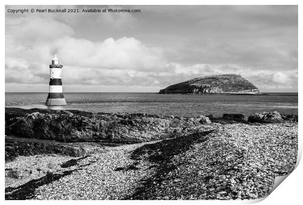 Penmon Point and Puffin Island on Anglesey in Mono Print by Pearl Bucknall