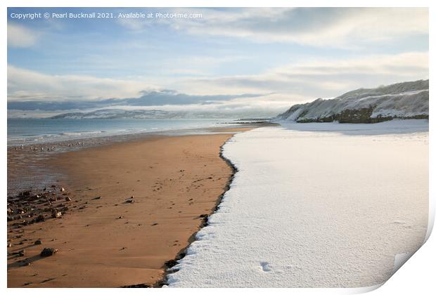 Benllech Beach with Snow Print by Pearl Bucknall
