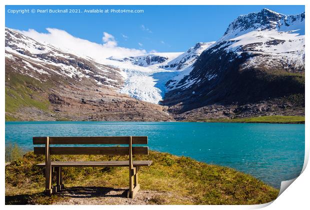  Bench by Engabrevatnet Lake and Enga Glacier Norw Print by Pearl Bucknall
