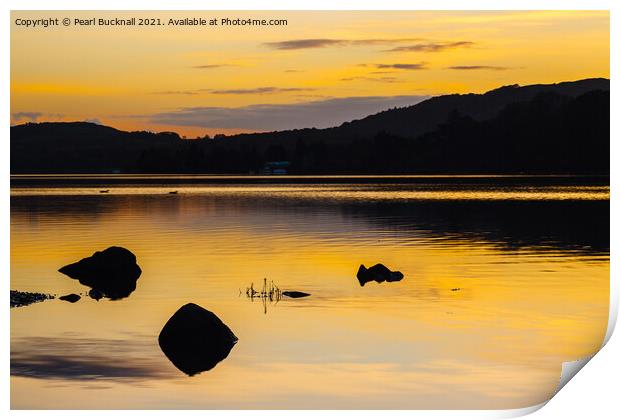 Golden Sunset on Coniston Water Lake District Print by Pearl Bucknall
