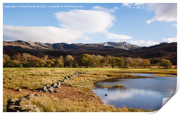 Cnicht across Llyn Dinas Lake in Autumn Snowdonia Print by Pearl Bucknall