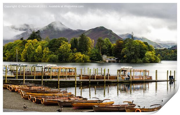 Derwentwater Boats and Catbells in Lake District Print by Pearl Bucknall