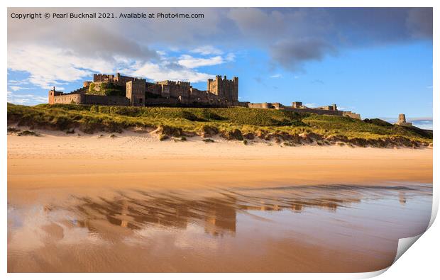 Bamburgh Castle Reflected on Northumberland Coast Print by Pearl Bucknall