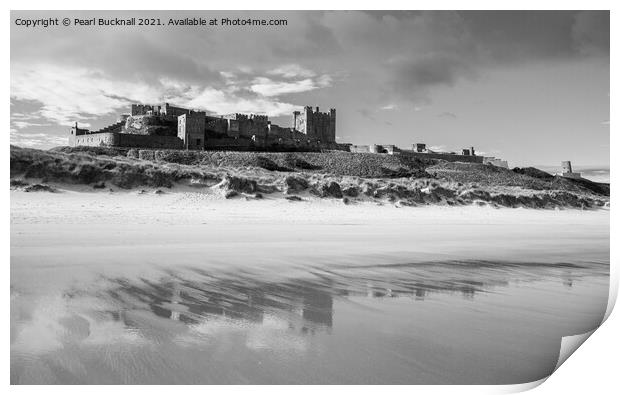 Monochrome Bamburgh Castle on Northumberland Coast Print by Pearl Bucknall