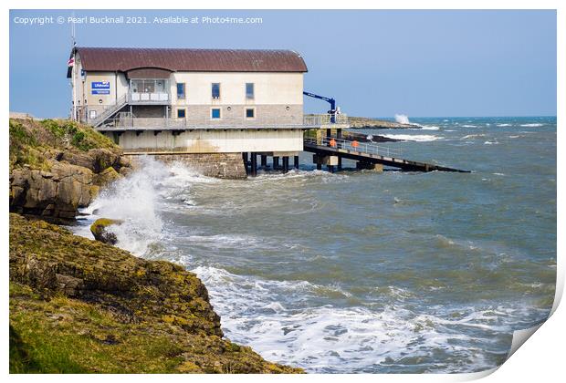 Moelfre Lifeboat Station in Choppy Seas Anglesey Print by Pearl Bucknall