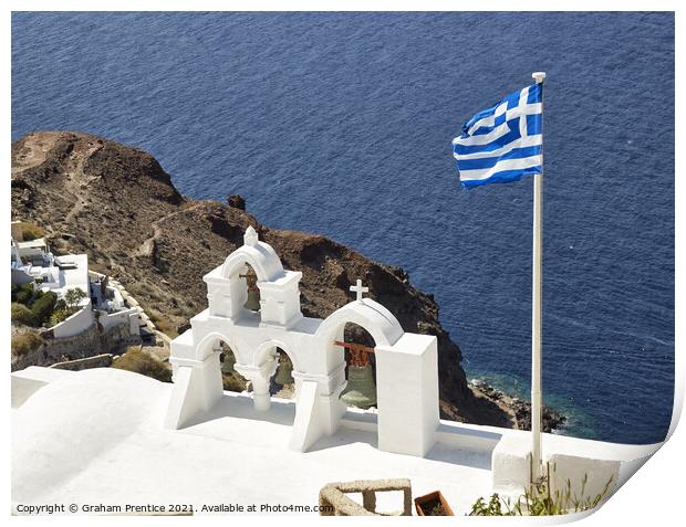 Santorini Bell Tower and Greek Flag Print by Graham Prentice
