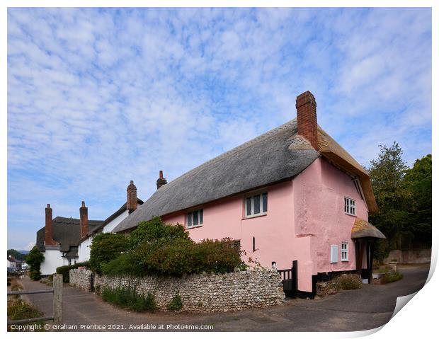 Otterton Pink Thatched Cottage, Devon Print by Graham Prentice