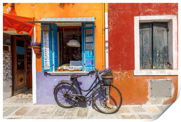 Bicycle Outside Burano Shop Print by Graham Prentice