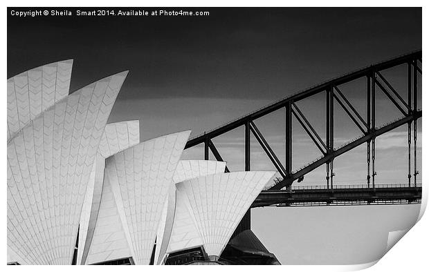 Sydney Opera House with bridge backdrop in mono Print by Sheila Smart