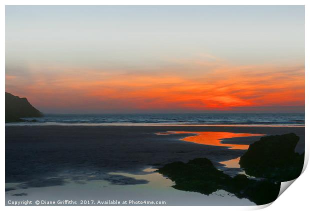 Sunset over Crantock Beach Print by Diane Griffiths