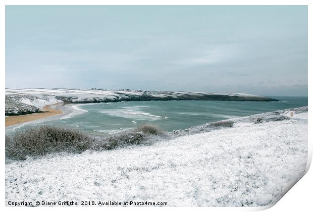 Snow over Pentire and Crantock Beach Print by Diane Griffiths