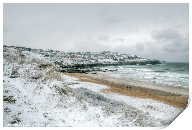 Fistral Beach towards Pentire under snow Print by Diane Griffiths