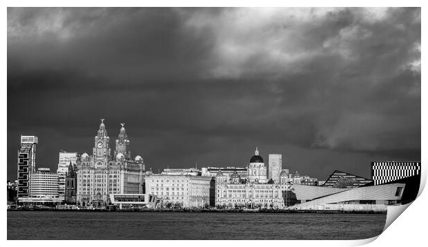 Dark sky over the Liverpool waterfront in black and white Print by Jason Wells