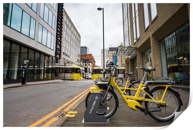 Yellow cycles for hire in Manchester Print by Jason Wells