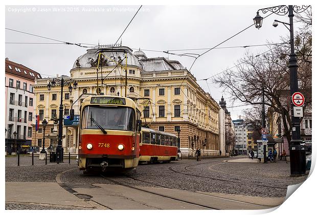 Tram in front of the Slovak national theatre Print by Jason Wells