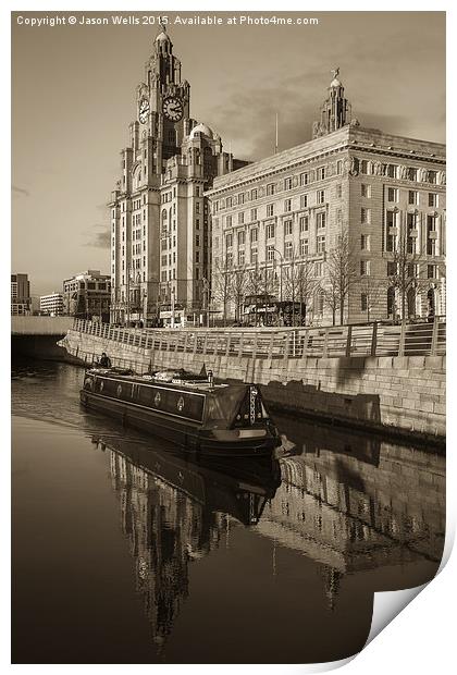 Canal boat in front of the Three Graces Print by Jason Wells