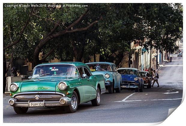 Vintage cars in Havana climbing a hill Print by Jason Wells