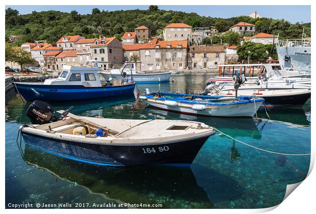 Boats moored off the promenade in Sipan Print by Jason Wells