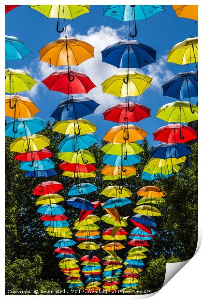 Rainbow of umbrellas hanging in Liverpool fade int Print by Jason Wells