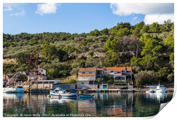 Green trees and shrubs behind Vela Luka harbour Print by Jason Wells