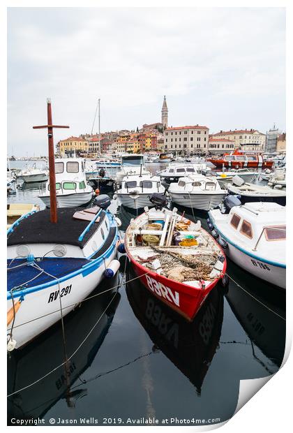 Boats bobbing in Rovinj harbour Print by Jason Wells