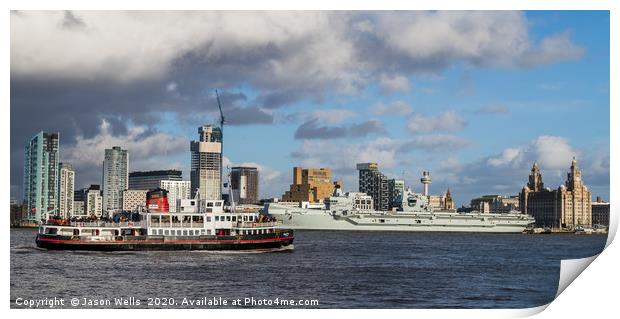 Mersey Ferry and HMS Prince of Wales Print by Jason Wells