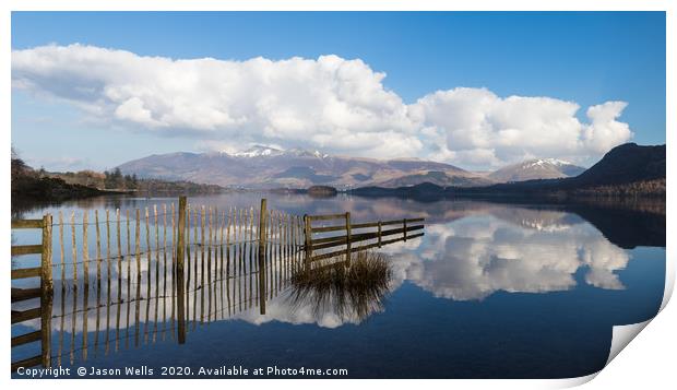 Fencing reflections in Derwent Water Print by Jason Wells