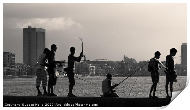Men fishing from the Malecon wall at dusk Print by Jason Wells