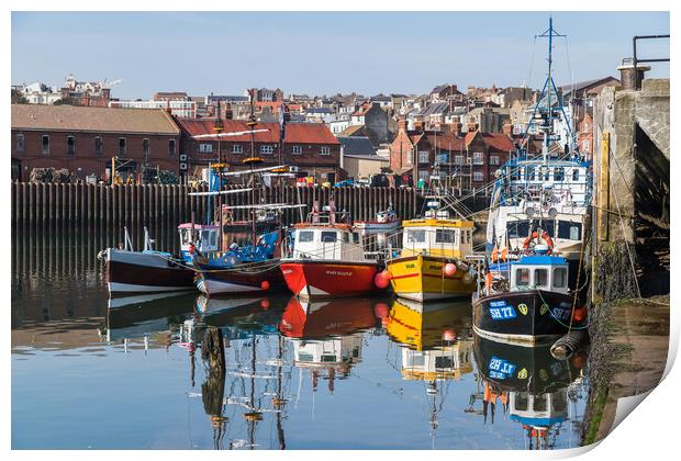 Colourful fishing boats in Scarborough harbour Print by Jason Wells