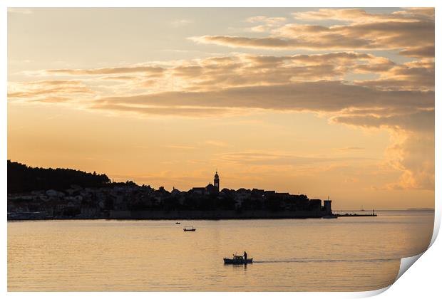 Fisherman in front of Korcula old town Print by Jason Wells