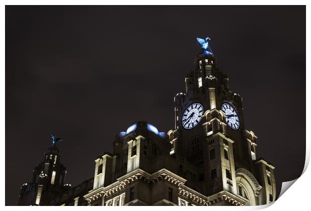 Liver Birds above Liverpool lit up at night Print by Jason Wells