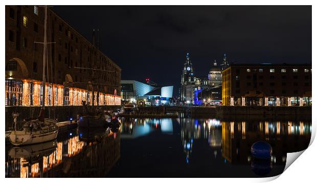 Three Graces and the festive lights reflect in the Albert Dock Print by Jason Wells