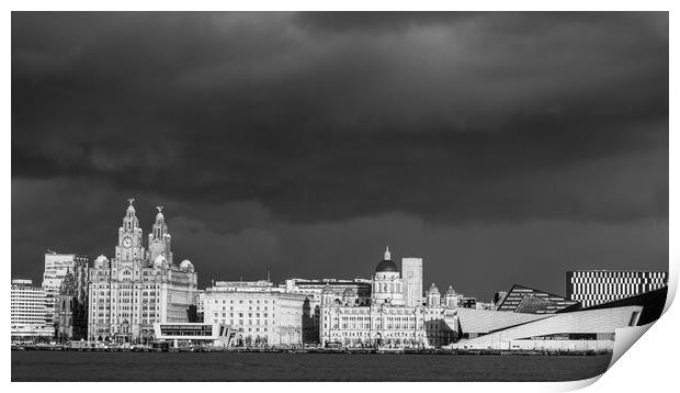 Dramatic sky above the Liverpool skyline in monochrome Print by Jason Wells