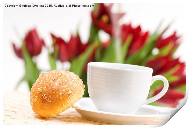 ceramic cup of hot coffee and sweet baked roll  Print by Arletta Cwalina