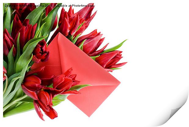 Red envelope in bouquet of red tulips  Print by Arletta Cwalina