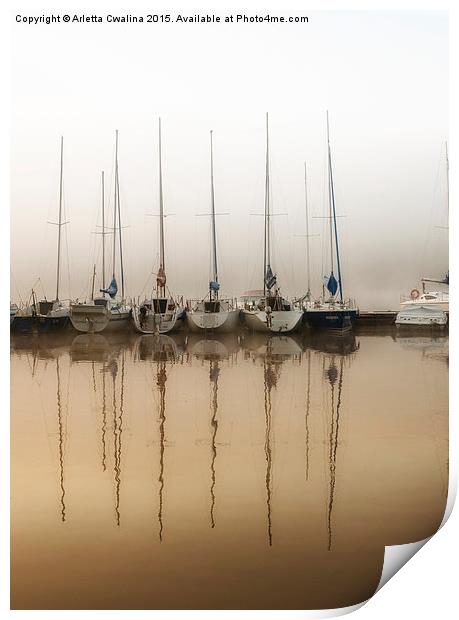  Fog and moored boats Print by Arletta Cwalina