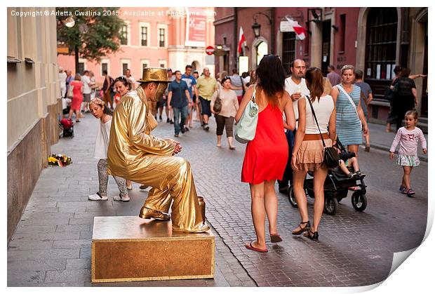 Levitating golden dressed man Print by Arletta Cwalina