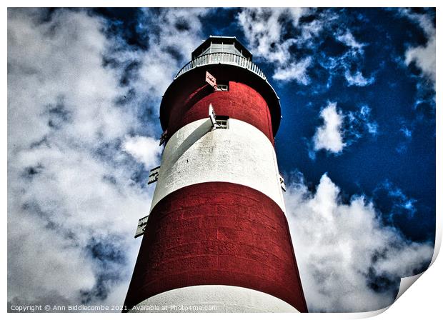 Plymouth lighthouse with dramatic effect Print by Ann Biddlecombe