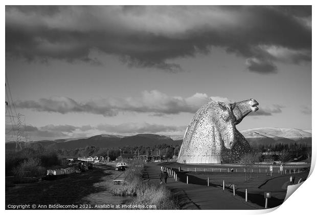 Monochrome view of the hills behind the Kelpies in Print by Ann Biddlecombe